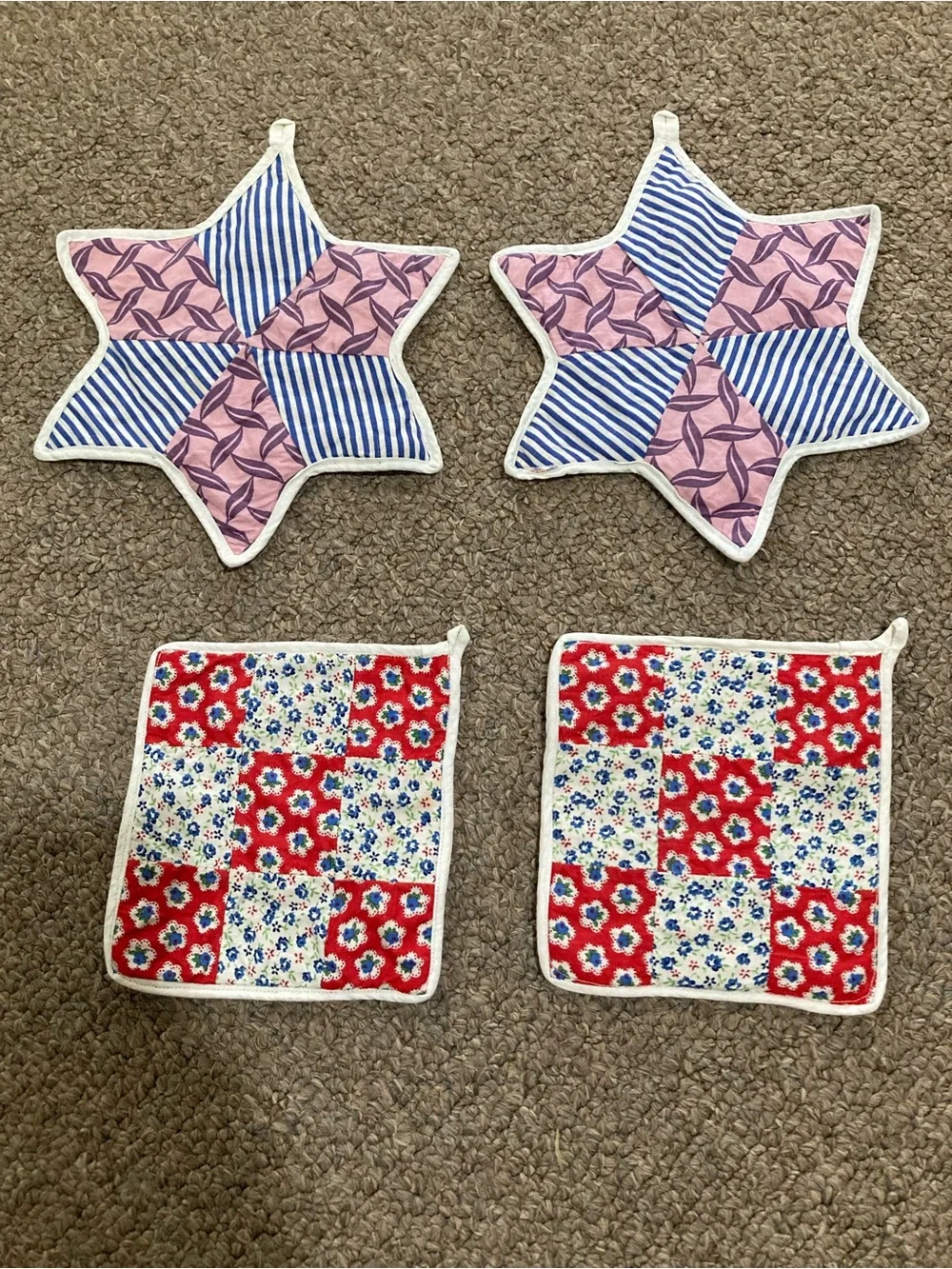 Vintage Handmade Potholders Lot Of 4 Cotton Stars And Squares Reversible